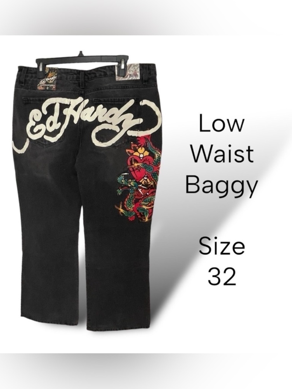 NWT Ed Hardy Women’s Dragon Low Waist Baggy Jean Black Size 32